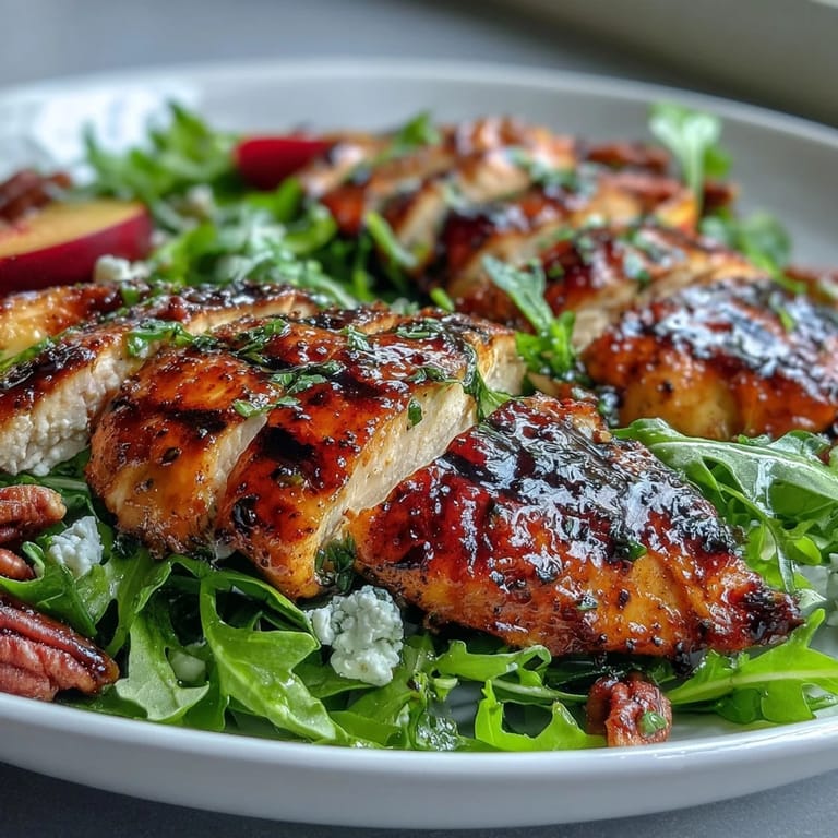 A light and vibrant salad featuring tender grilled chicken, ripe peaches, and tangy balsamic glaze over fresh arugula and crunchy toasted nuts.  