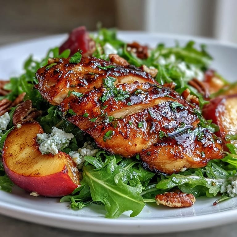 Elegant Grilled Chicken and Peach Arugula Salad with Balsamic Drizzle - perfect for summer dining with sweet fruit, savory chicken, and creamy feta.
