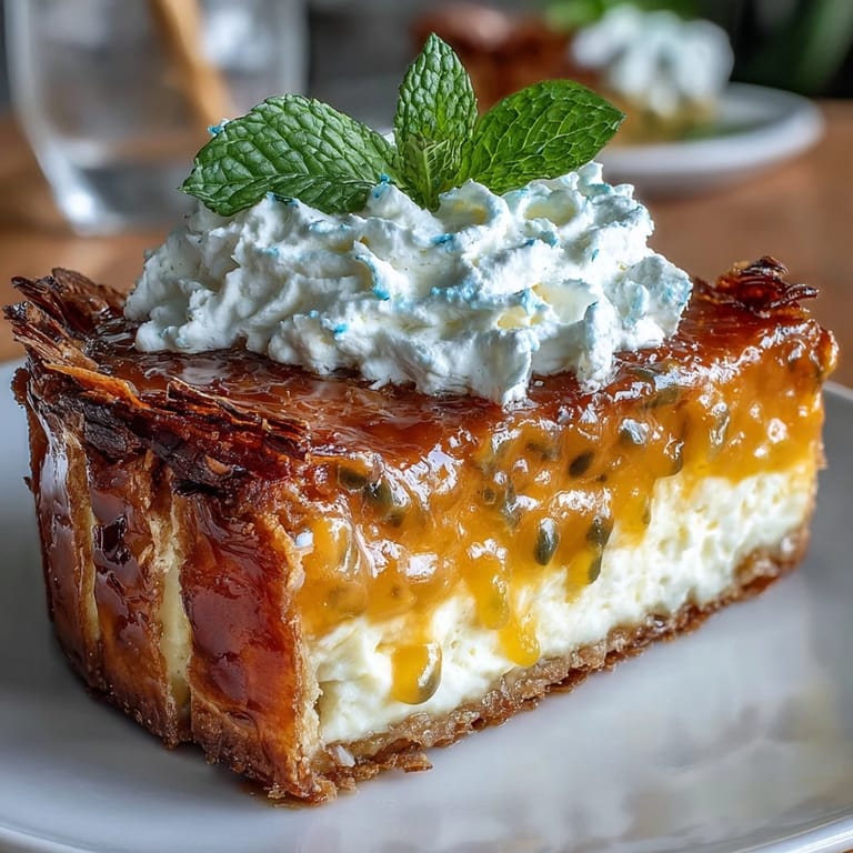Vibrant passionfruit curd dessert in crisp phyllo crust, finished with whipped cream and fresh mint leaves.