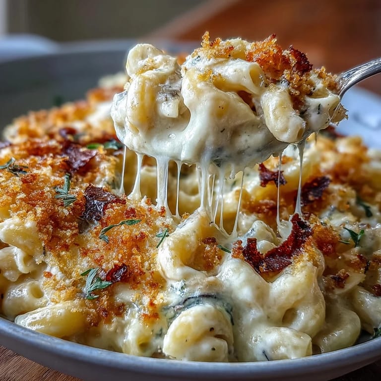 Golden-baked truffle mac and cheese topped with crispy panko breadcrumbs, rich cheese sauce, and aromatic truffle shavings for ultimate comfort food.