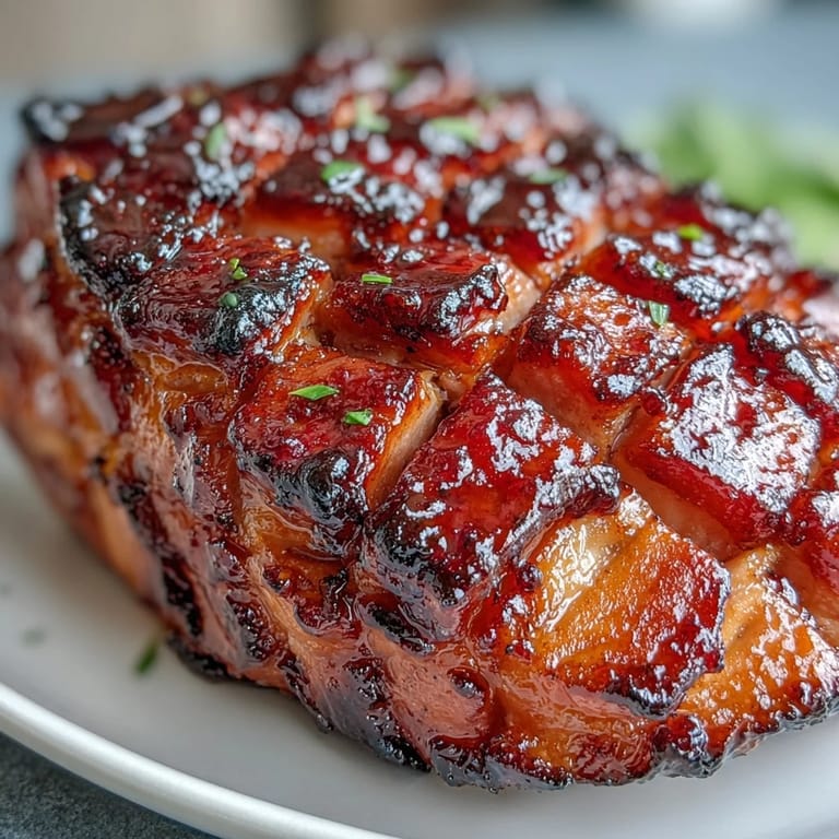 Festive baked ham coated in a luscious black currant jam glaze, garnished with fresh herbs and served with roasted potatoes.