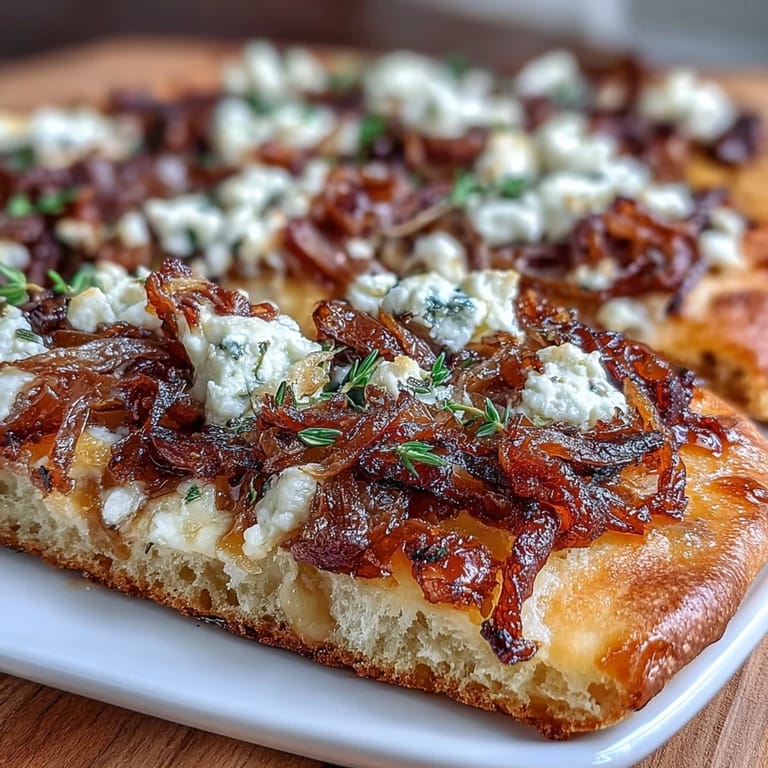 Crisp flatbread layered with deeply caramelized onions, tangy goat cheese, and aromatic thyme, baked to perfection and ready to serve.