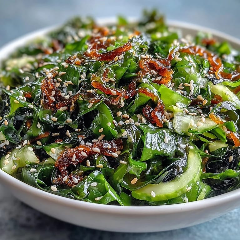 Vibrant seaweed salad with crispy nori, mixed greens, and zesty ginger-soy dressing.