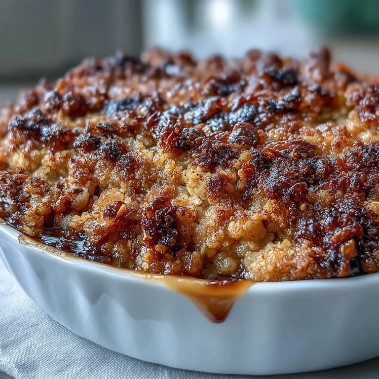 Fragrant apple cardamom crisp served warm in a rustic baking dish, crunchy crumble topping contrasting tender spiced fruit.