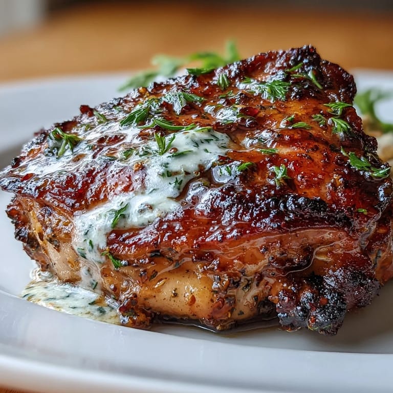 Golden roasted zaatar chicken thighs drizzled with creamy tahini-garlic sauce and fresh parsley.