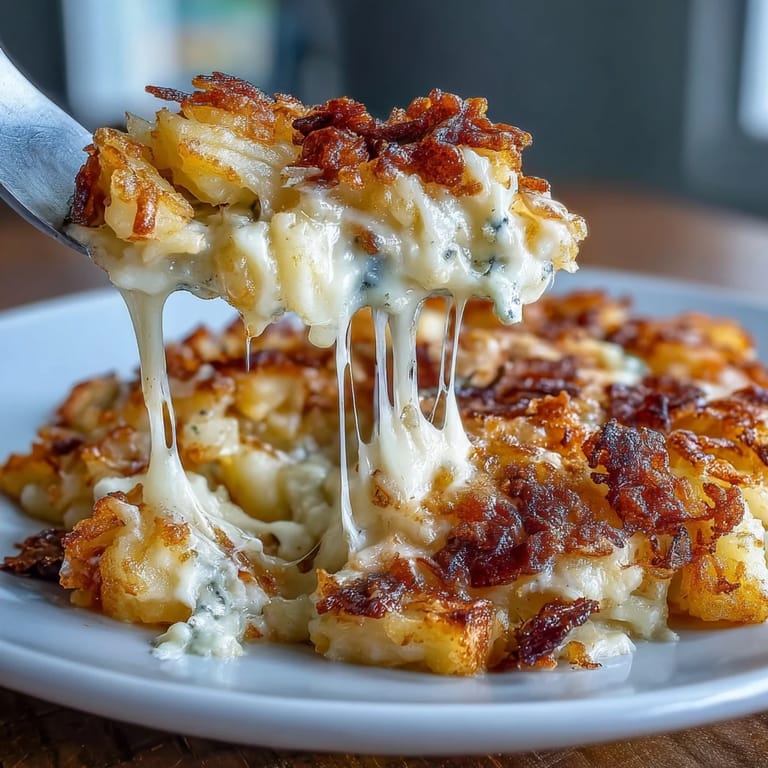 Cheesy hashbrown casserole with creamy layers of sour cream, onions, and cheddar, served fresh from the oven.