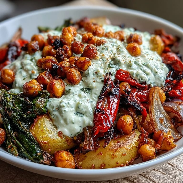 Golden roasted potatoes, bell peppers, and onions served over protein-rich tzatziki in a vibrant Mediterranean bowl.  