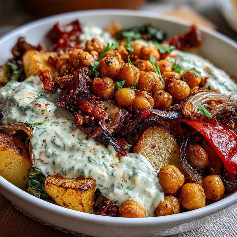 Wholesome roasted vegetable and chickpea medley topped with fresh tzatziki for a nourishing Mediterranean meal.