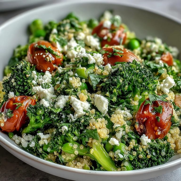 3. Vibrant and protein-rich quinoa bowl loaded with green vegetables, juicy tomatoes, creamy feta, and a zesty olive oil-lemon dressing.