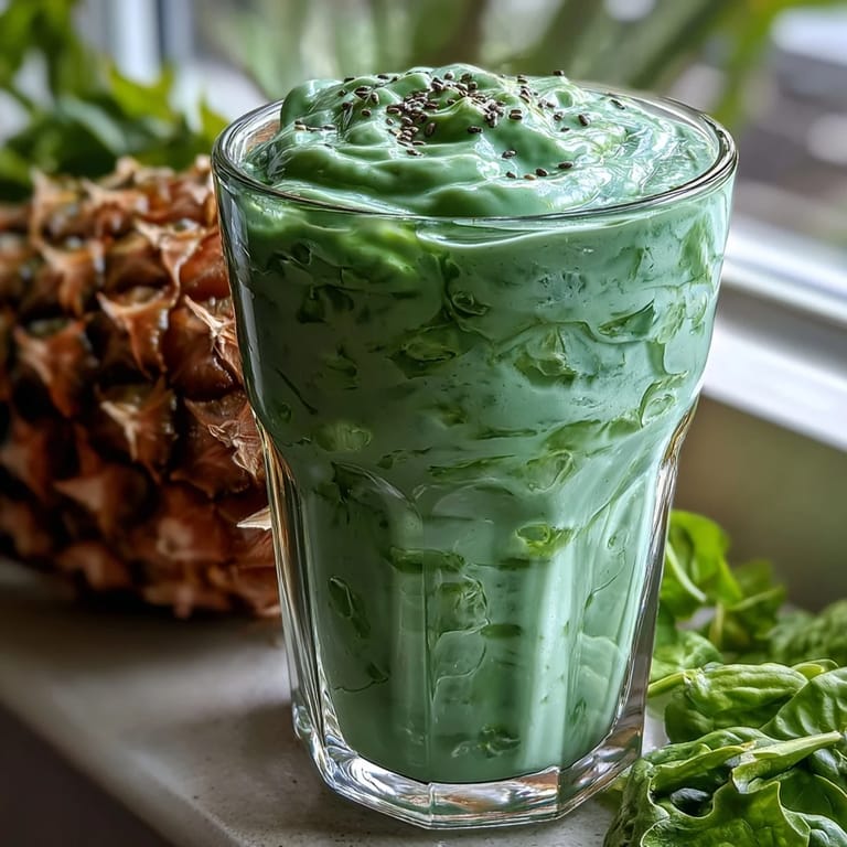 Refreshing green smoothie featuring spinach, pineapple, and banana, blended to creamy perfection for a nourishing energy boost.
