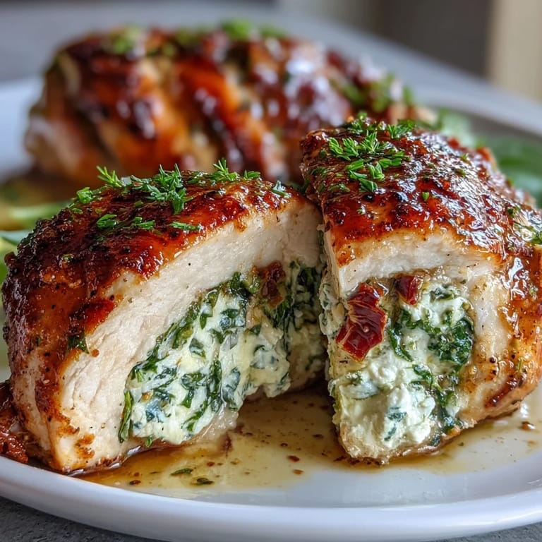 Baked spinach and feta stuffed chicken breasts, featuring tender meat and a savory herb-infused filling, perfect for a healthy main dish.  