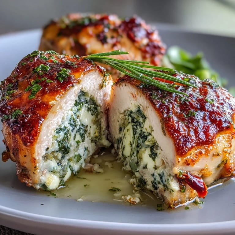 Flavorful spinach and feta stuffed chicken breasts, showcasing a blend of fresh greens and tangy cheese, baked until juicy and aromatic.