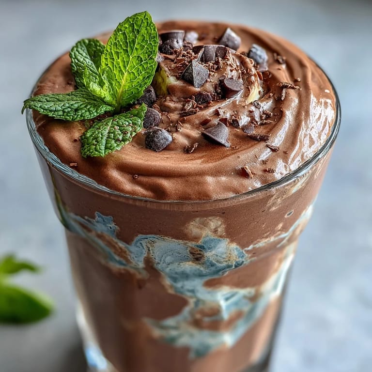 Refreshing chocolate mint protein shake made with frozen banana, almond milk, and cocoa powder—perfect post-workout treat.  