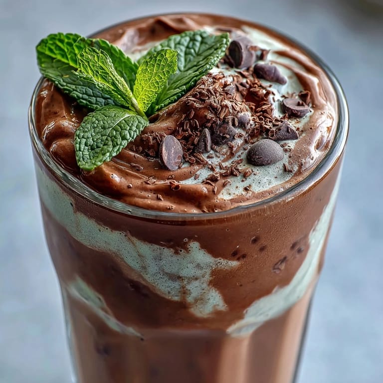 Rich and creamy Mint Chocolate Protein Shake with Frozen Banana, blended smooth for a healthy breakfast or snack.