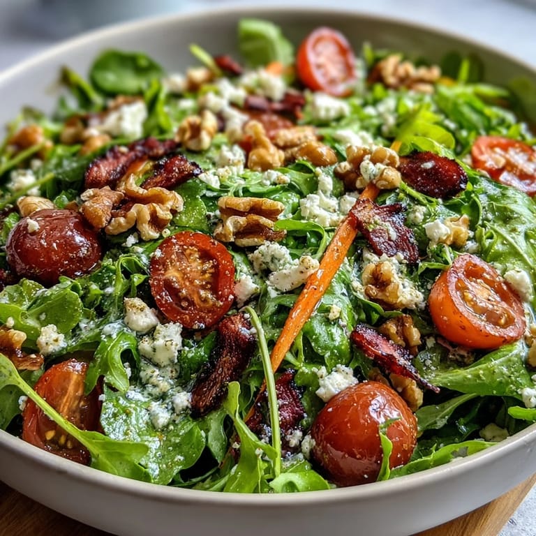 Vibrant spring greens salad drizzled with tangy-sweet honey mustard dressing and garnished with sliced radishes and crumbled feta.