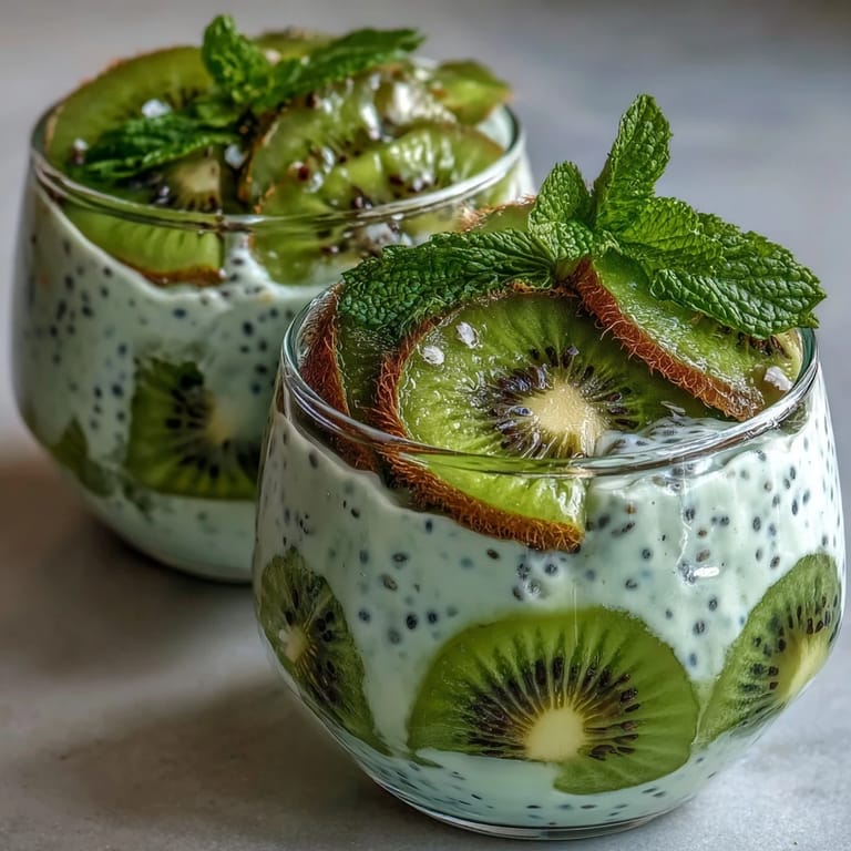 Vibrant kiwi and lime chia pudding cups with coconut milk, topped with fresh kiwi slices and mint leaves.
