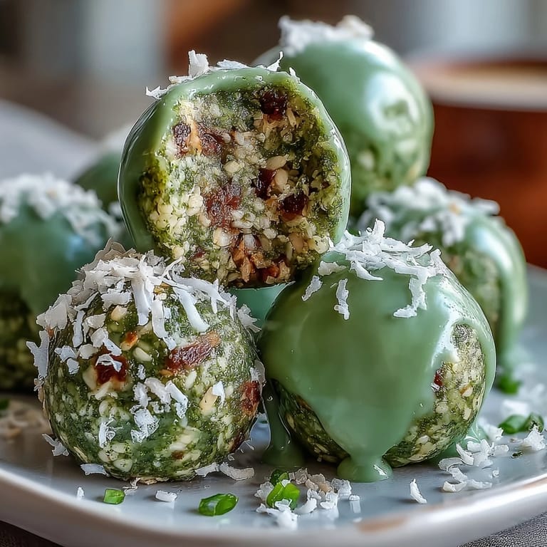 Wholesome matcha coconut energy balls featuring oats and nut butter, coated in coconut for a nutritious, no-bake treat.
