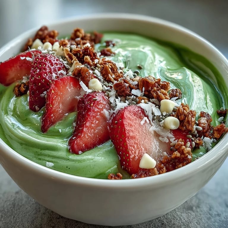 This refreshing Strawberry Matcha Frappuccino-style smoothie bowl blends frozen strawberries and banana with a swirl of green matcha yogurt.