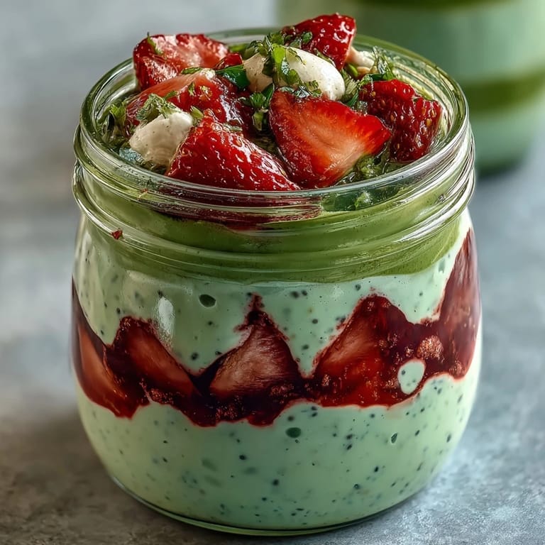 Creamy overnight oats layered with fresh strawberries and earthy matcha, served in glass jars for a visually stunning and nourishing morning meal.  