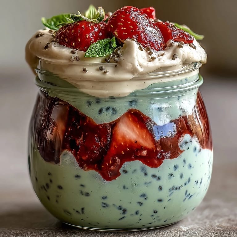 Mason jar breakfast featuring strawberry and matcha-infused oats, garnished with diced fruit and ready to grab for a quick, energizing start to the day.