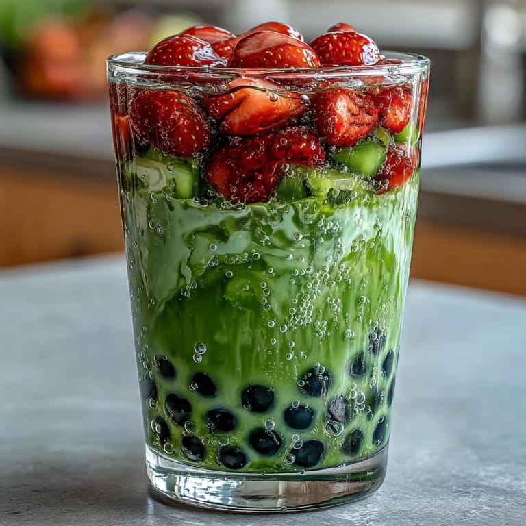 Refreshing strawberry matcha boba drink featuring sweet berry purée, earthy matcha, and soft tapioca pearls in chilled milk.  