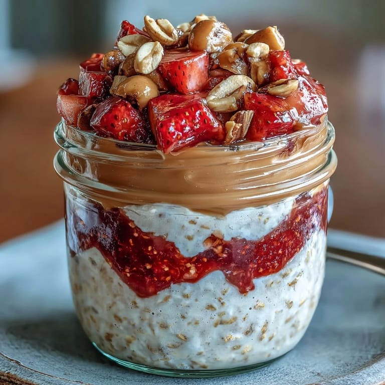 Wholesome overnight oats layered with peanut butter, strawberry jam, and finished with a crunchy peanut topping for a protein-packed breakfast.