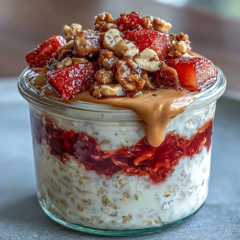 Overnight oats infused with classic PB&J flavors, featuring creamy peanut butter, sweet strawberry jam, and fresh fruit.