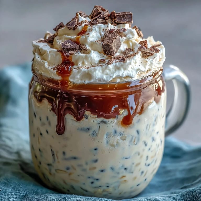 Vanilla bean-infused overnight oats with a hint of espresso, topped with whipped cream and caramel drizzle, served in a glass jar for an indulgent start to the day.