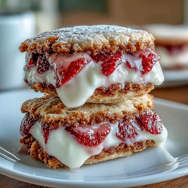 Buttery strawberry shortcake cookies filled with vanilla cream, showcasing bright red berries peeking from the edges.  