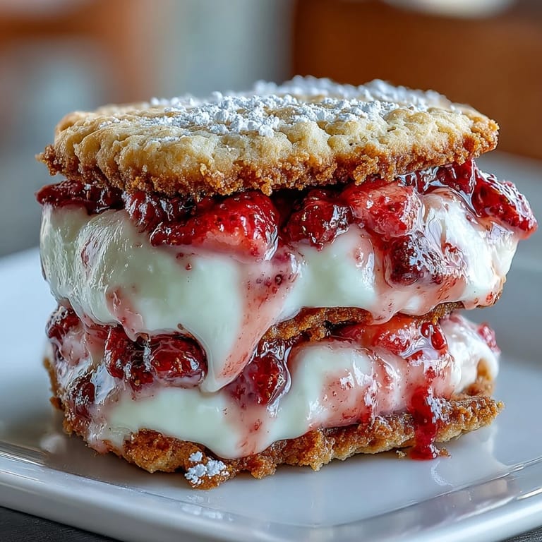 Fresh strawberry shortcake cookies with cream filling, stacked on a rustic wooden tray for a cozy dessert display.  