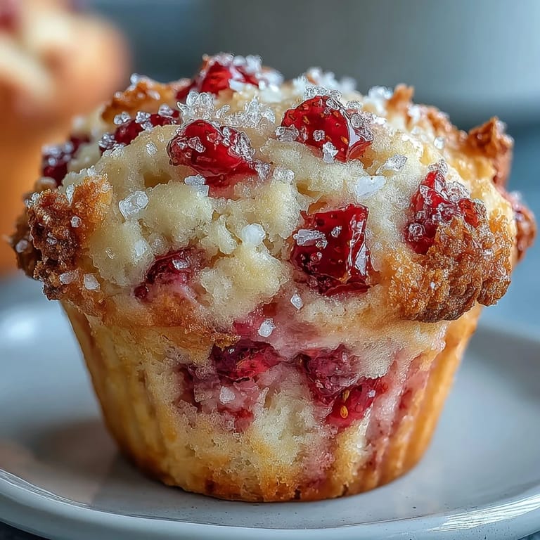 Soft, moist muffins packed with fresh strawberries and creamy yogurt, topped with a sprinkle of coarse sugar for extra sweetness.