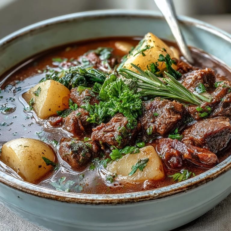 Rich and hearty beef stew with carrots, parsnips, and potatoes, perfect for warming up on a cold evening.