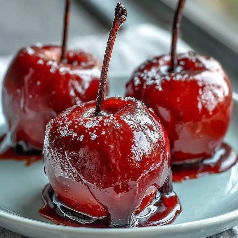 Bright red candy coating glistens on fresh apples, offering a sweet and crunchy dessert.