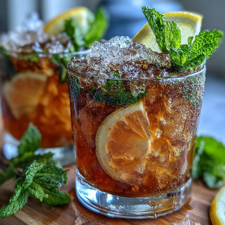 Kid-friendly mini mint julep mocktails garnished with lemon slices and mint leaves, served over crushed ice in festive cups.