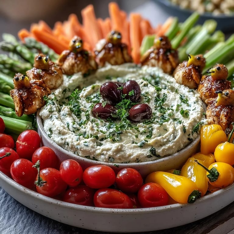 Kid-friendly Chicken Run veggie tray with fresh vegetables and flavorful ranch hummus dip, great for snacking.