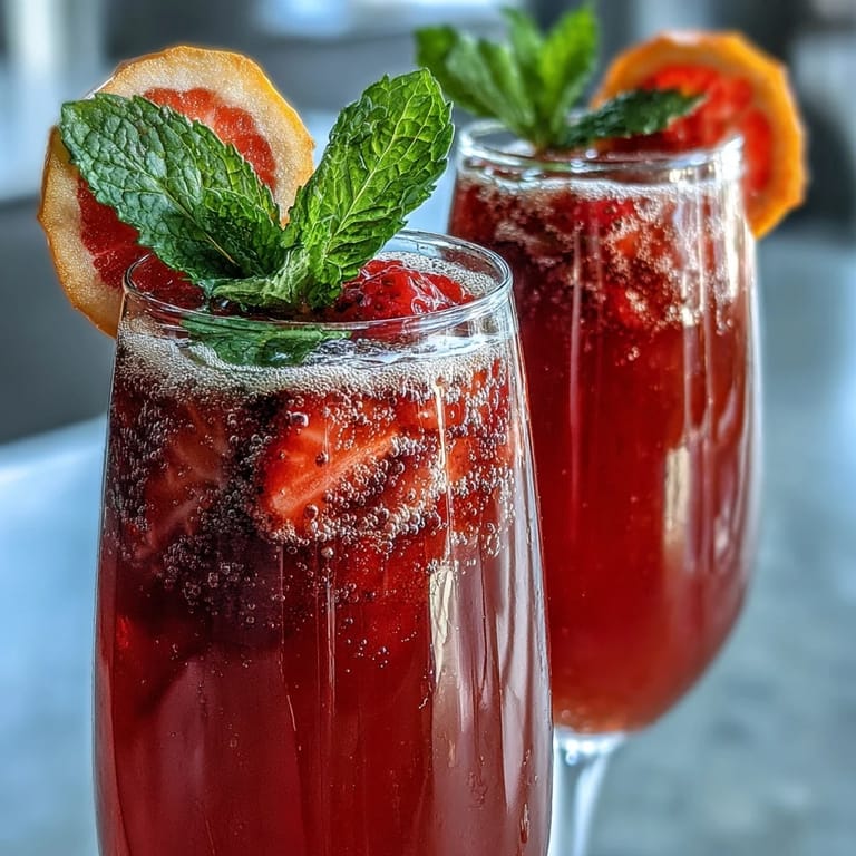 Bubbly non-alcoholic strawberry mimosa mocktails in champagne flutes, garnished with mint and citrus for a refreshing spring drink.