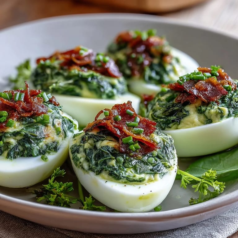 Creamy spinach yolk mixture piped into egg whites, garnished with crunchy ham bits for a savory appetizer.