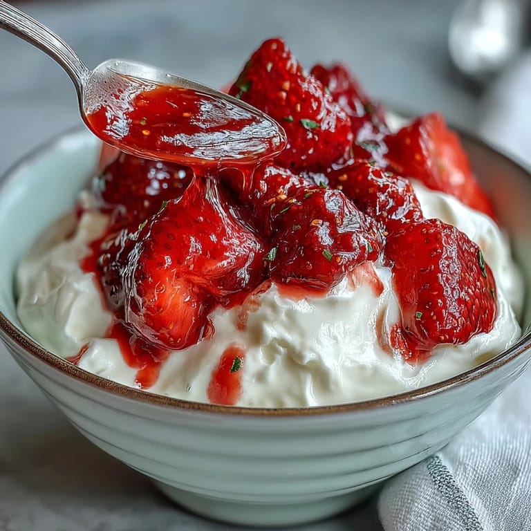 Refreshing strawberry compote over Greek yogurt, garnished with fresh mint leaves.  
