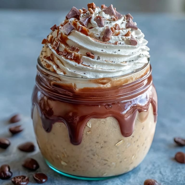 Vanilla Bean Frappuccino-inspired overnight oats in a jar, layered with sweetened coffee and topped with crunchy granola and mini chocolate chips.