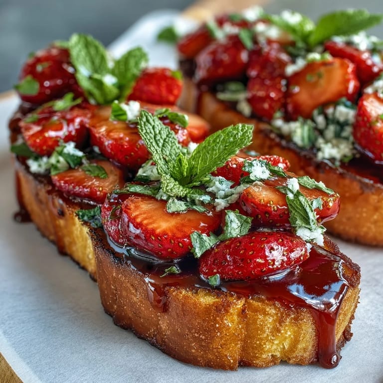 Vibrant strawberry bruschetta with balsamic glaze and fresh mint, offering a refreshing and elegant appetizer for any occasion.  