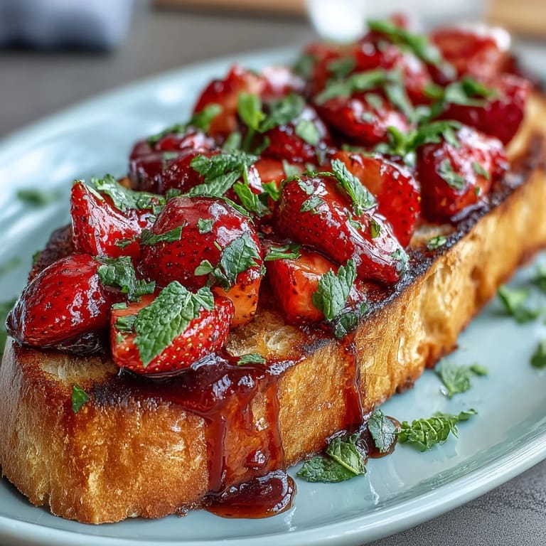 Sweet strawberries, mint, and tangy balsamic drizzle over crispy baguette slices in this easy, colorful fresh strawberry bruschetta appetizer.