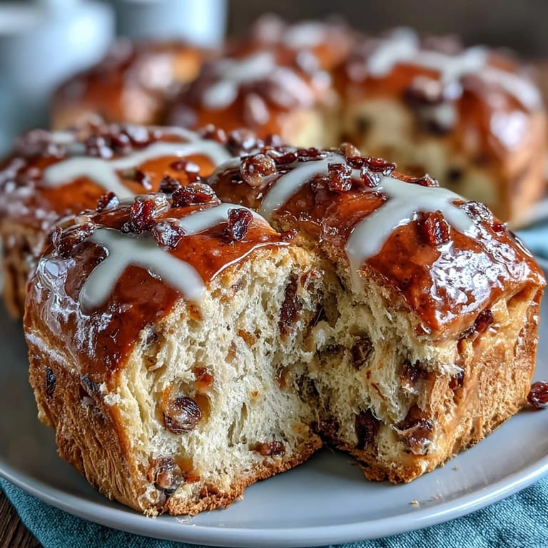 Golden baked hot cross buns with a sweet citrus glaze, perfect for a festive spring breakfast or tea.