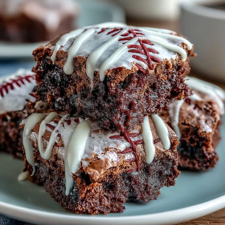 Rich, fudgy brownie bites decorated with sweet white icing laces, ideal for baseball-themed celebrations or kid-friendly snacks.
