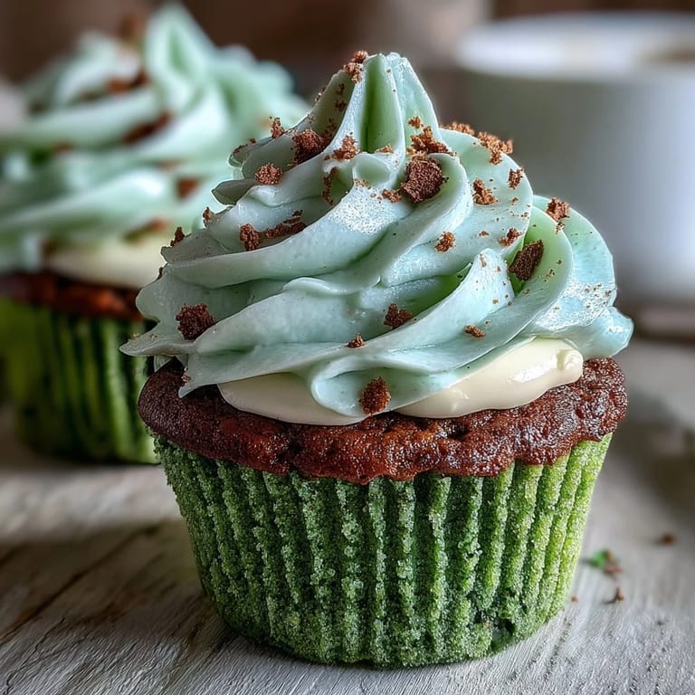 Moist green velvet cupcakes infused with cocoa, crowned with smooth cream cheese frosting and festive green sprinkles—perfect for St. Patrick's Day dessert tables.
