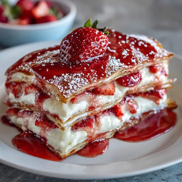Beautiful strawberry crepe cake with delicate layers of crepes, mascarpone cream, and juicy fresh strawberries.