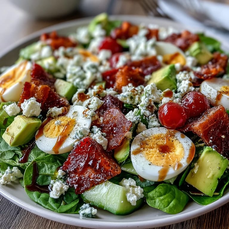 Fresh Spring Cobb Salad with Strawberries and Avocado combines seasonal produce, crumbled bacon, and feta for a bright, satisfying main dish.