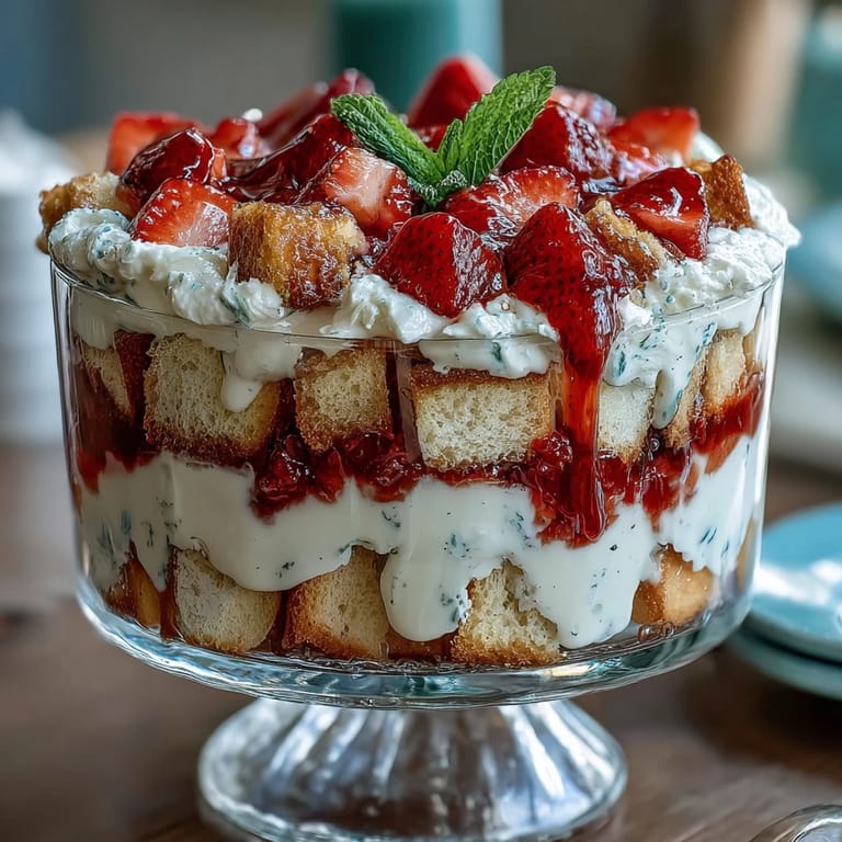 Gorgeous Mothers Day dessert trifle featuring golden shortcake cubes, ripe strawberries, and clouds of vanilla whipped cream.