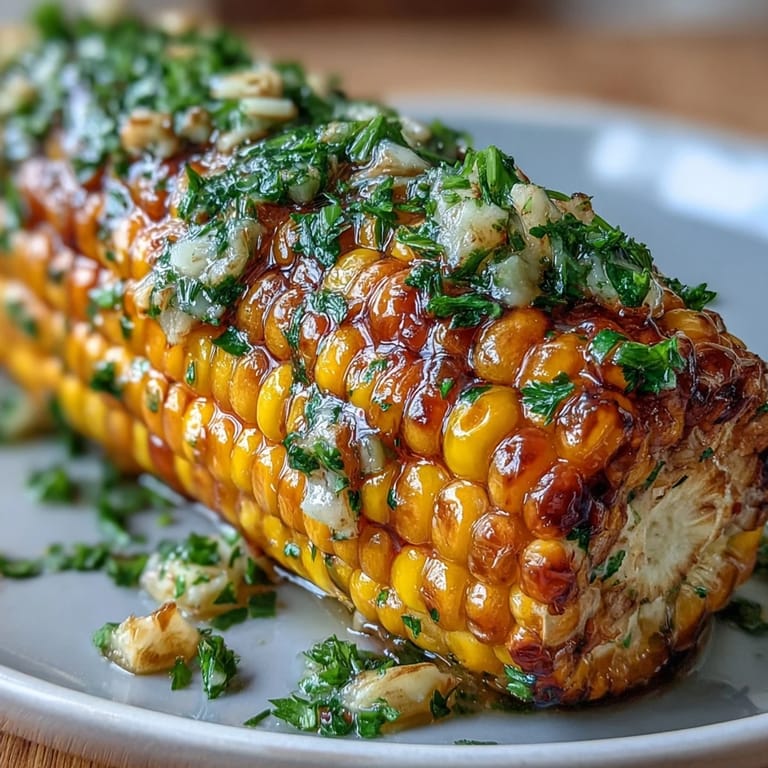 Fresh corn on the cob, brushed with warm garlic butter and served hot, perfect for summer cookouts or weeknight dinners.