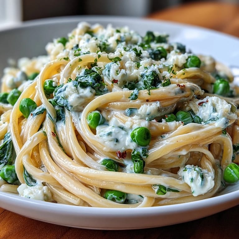 Creamy ricotta and lemon pasta with sweet peas, garnished with Parmesan and parsley, offering a fresh and satisfying meal.