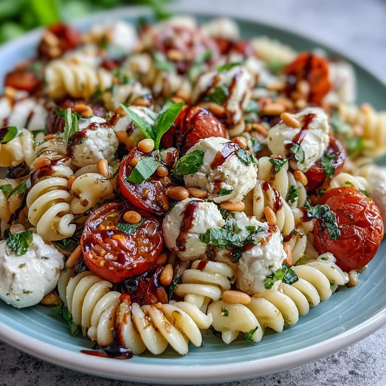 Colorful pasta salad featuring ripe tomatoes, soft mozzarella, and aromatic basil, drizzled with olive oil for an irresistible summer side dish.